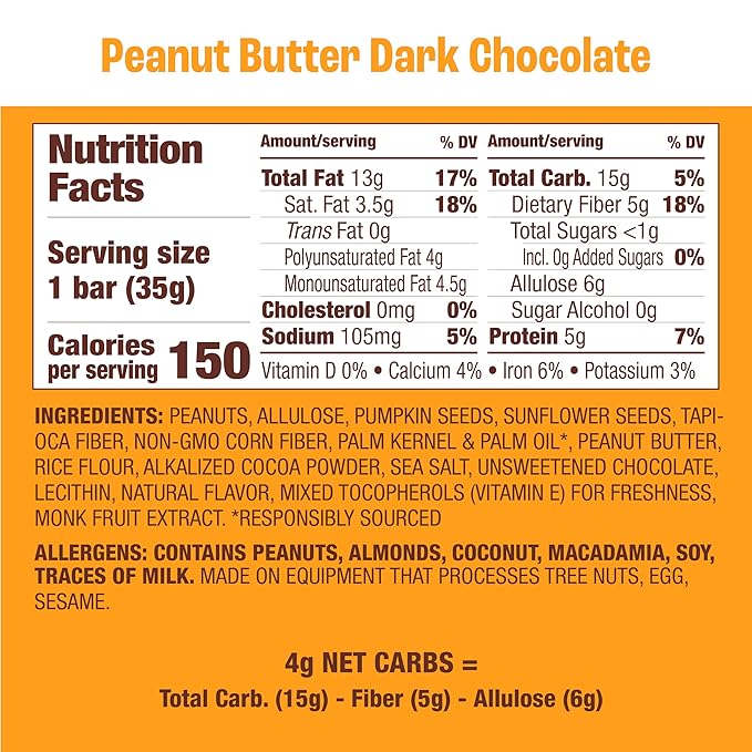 Munk Pack Keto Snack Bars, Peanut Butter Dark Chocolate - Low Carb Nut Bar with 5g Protein, 1g Sugar with Allulose - Gluten Free & Low Glycemic - 12 Count