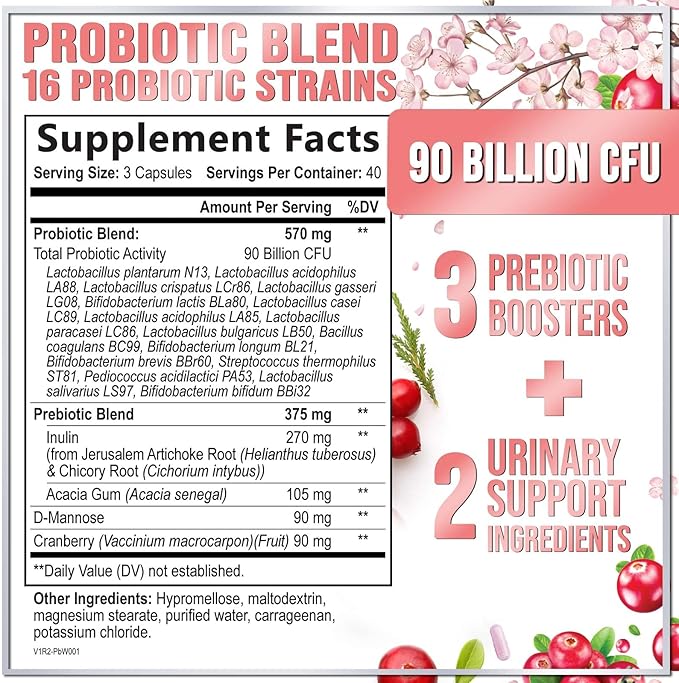 Probiotics for Women 90 Billion CFU, 16 Probiotic Strains with Cranberry, D-Mannose & Prebiotics, for Feminine PH Balance, Vaginal Odor & Digestive Health, Immune Support, Shelf Stable - 120 Capsules