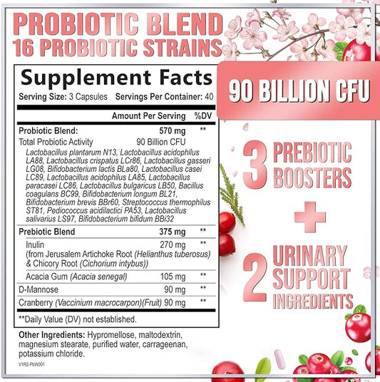 Probiotics for Women 90 Billion CFU, 16 Probiotic Strains with Cranberry, D-Mannose & Prebiotics, for Feminine PH Balance, Vaginal Odor & Digestive Health, Immune Support, Shelf Stable - 120 Capsules