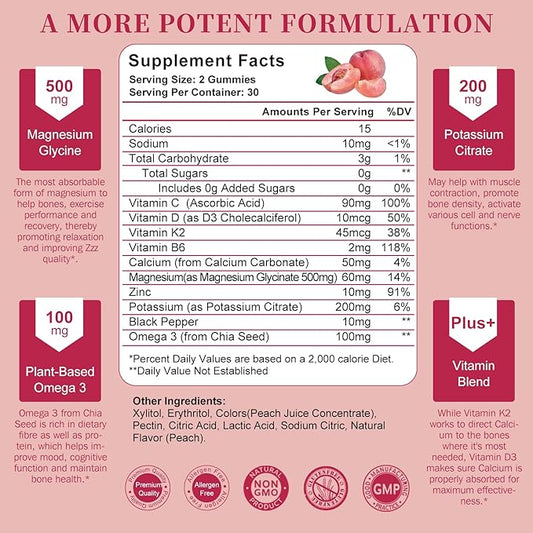 Potassium Magnesium Gummies - High Absorption Magnesium Glycinate 500mg & Potassium Citrate 200mg Plus Omega 3, B6, D3, K2 & Calcium - Chewable Gummy for Leg Cramps, Immunity & Energy - 60 Count