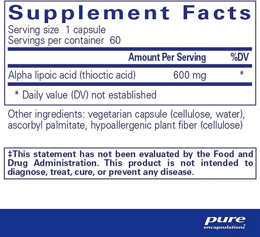 Pure Encapsulations Alpha Lipoic Acid 600 mg - ALA Supplement for Liver Support, Antioxidants, Nerve Health, Cardiovascular Health & Carbohydrate Support - Premium Alpha Lipoic Acid - 60 Capsules
