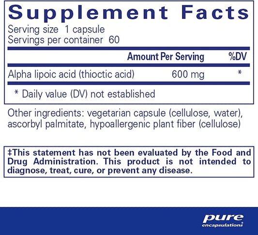 Pure Encapsulations Alpha Lipoic Acid 600 mg - ALA Supplement for Liver Support, Antioxidants, Nerve Health, Cardiovascular Health & Carbohydrate Support - Premium Alpha Lipoic Acid - 60 Capsules