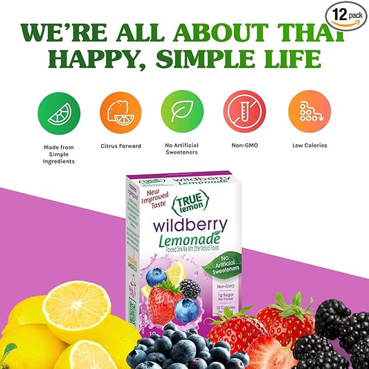 True Lemon Wildberry Lemonade Water Enhancer Drink Mix (12 Pack of 10 Count Boxes), Low Calorie Drink Mix Packets for Water, Powdered Drink Mixes & Flavorings, Individual Drink Packets, Water Flavor