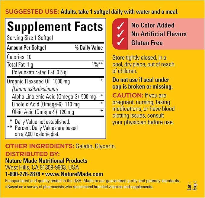 Nature Made Flaxseed Oil 1000 mg, 3 Supplement, 100 Softgels, 100 Day