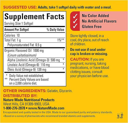 Nature Made Flaxseed Oil 1000 mg, 3 Supplement, 100 Softgels, 100 Day