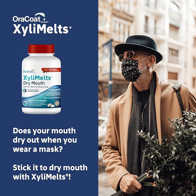 OraCoat XyliMelts Dry Mouth Relief Moisturizing Stick-On-Melts with Xylitol, 100 Count, Cinnamon, Helps Stimulate Saliva for Dry Mouth, Non-Acidic, Day & Night Use, Time Release for Up to 8-Hour