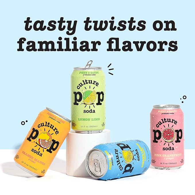 Culture Pop Soda, Zesty & Tarty Variety Pack, Probiotic Low Sugar Soda, Sparkling Juice Alternative, Non-GMO, Kosher, Gluten-Free, No Stevia (12pk)