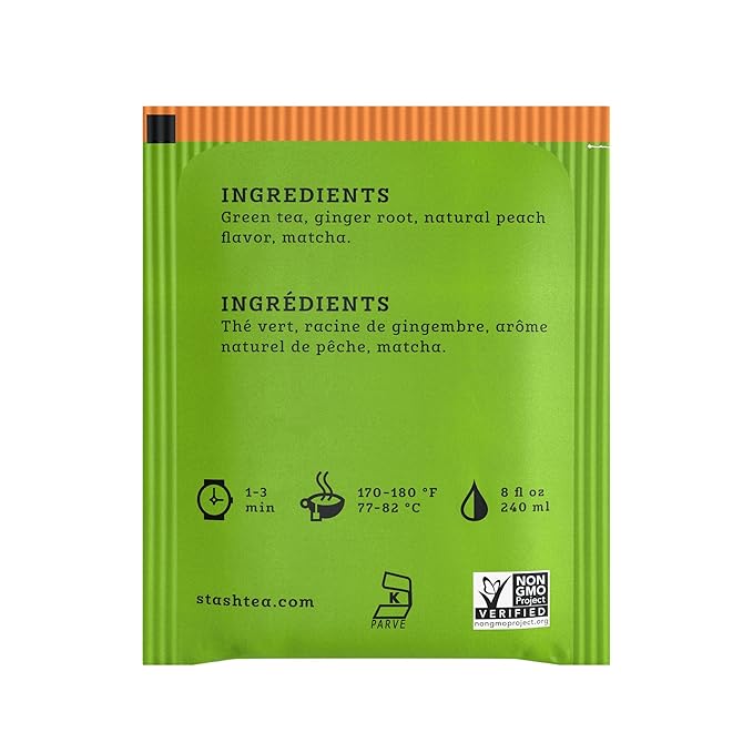 Stash Tea Ginger Peach Green Tea - Caffeinated, Non-GMO Project Verified Premium Tea with No Artificial Ingredients, 18 Count (Pack of 6) - 108 Bags Total