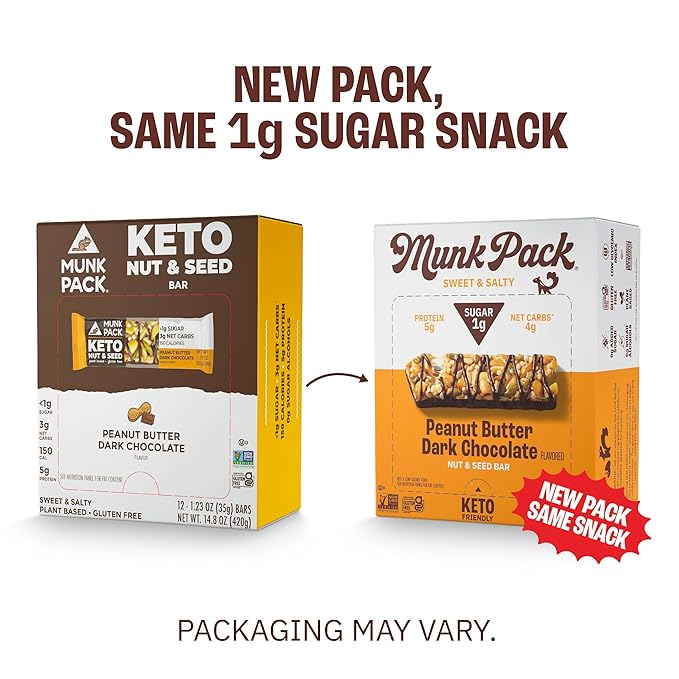 Munk Pack Keto Snack Bars, Peanut Butter Dark Chocolate - Low Carb Nut Bar with 5g Protein, 1g Sugar with Allulose - Gluten Free & Low Glycemic - 12 Count