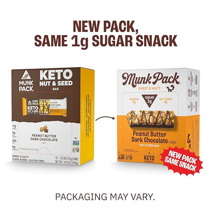 Munk Pack Keto Snack Bars, Peanut Butter Dark Chocolate - Low Carb Nut Bar with 5g Protein, 1g Sugar with Allulose - Gluten Free & Low Glycemic - 12 Count