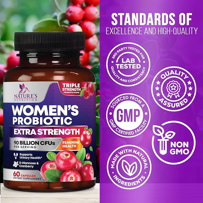 Daily Probiotics for Women - PH Balance, Digestive, UT, & Feminine Health Support, 90 Billion CFU Vaginal Probiotics with Prebiotics, 16 Strains with Cranberry, Pro Biotics for Women, 60 Capsules