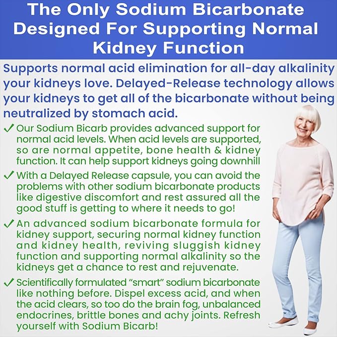 Sodium Bicarbonate 650mg Capsules Delayed Release for Supporting Normal Kidney Function & Kidney Health Supplement. Sodium Bicarbonate Designed for Kidney Support, Acid Relief, Alkalinity 120 Pills
