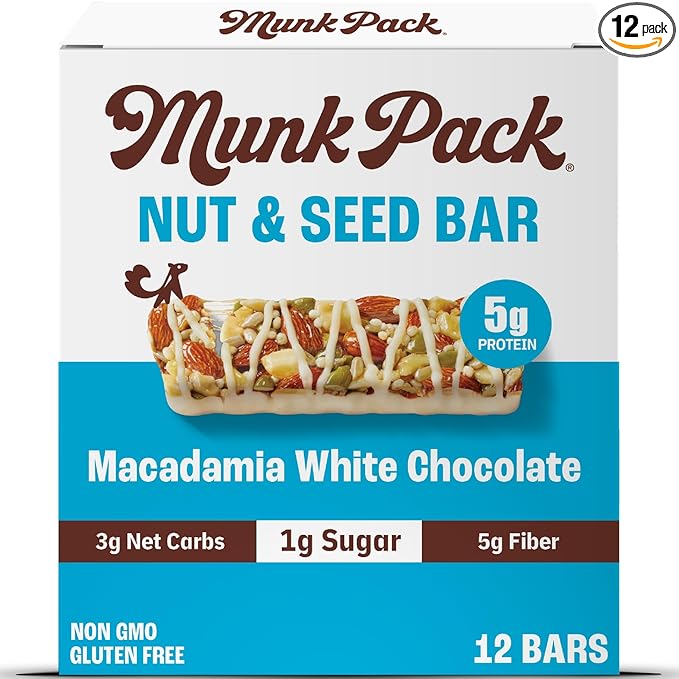 Munk Pack Keto Snack Bars, Macadamia White Chocolate - Low Carb Nut Bar with 6g Protein, 1g Sugar with Allulose - Gluten Free & Low Glycemic - 12 Count