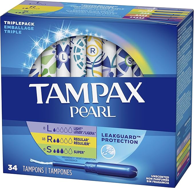 Tampax Pearl Tampons Multipack, Light/Regular/Super Absorbency, 34 Count 6 Packs (204 Count