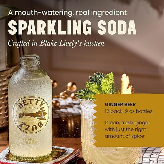 Betty Buzz Ginger Beer, Premium Sparkling Soda by Blake Lively (12 pack) | Natural Flavors & Sweeteners, Only Clean Ingredients