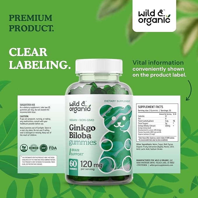 Wild & Organic Gingko Biloba 120mg Gummies 60 Pectin-Based