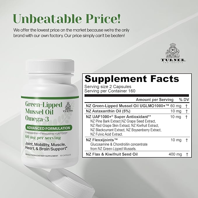 TURNER New Zealand Green Lipped Omega-3 Mussel Oil, 53x Higher Potency with UAF1000+ Super Antioxidant for Superior Joint Comfort & Mobility, No Fishy Aftertaste, 3 Bottles, 180 Softgels