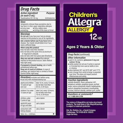 Allegra Children's 12HR Non-drowsy Antihistamine Liquid, 4 oz.