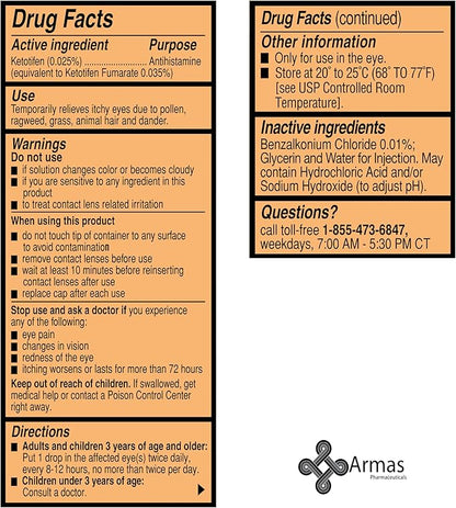 Armas Allergy Eye Drops, Itch Relief, 12 Hours, 30 Day 0.17 Fl