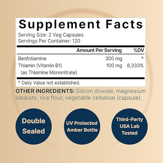 NatureBell Benfotiamine 300mg with Thiamine 100mg 240 Veggie B1 Benfotiamine