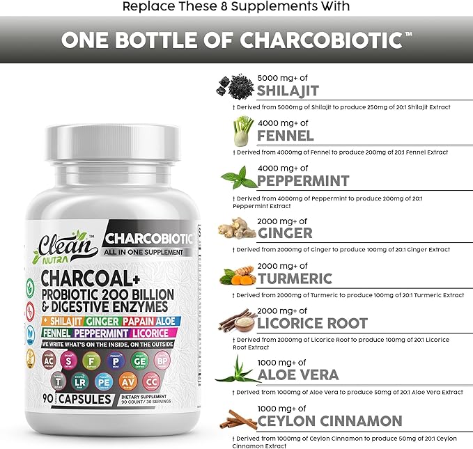 Clean Nutra Activated Charcoal Capsules Shilajit 5000mg Pills 200 Billion