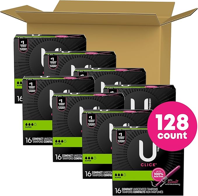 U by Kotex Click Compact Tampons, 128 Count (8 Packs 16) (Packaging
