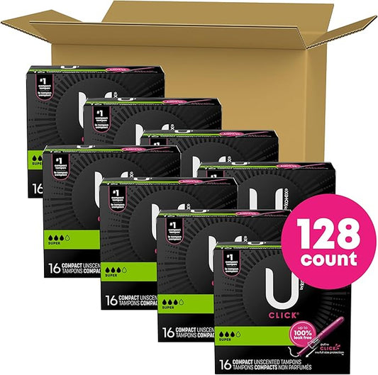 U by Kotex Click Compact Tampons, 128 Count (8 Packs 16) (Packaging