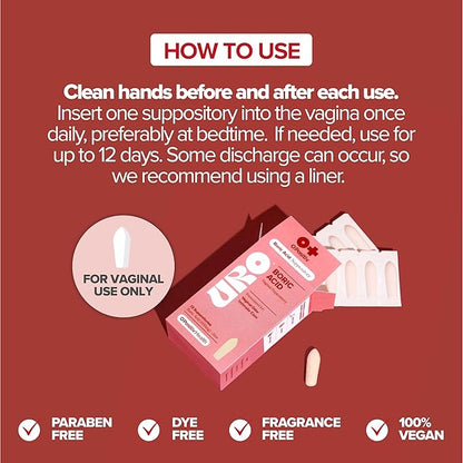 URO Boric Acid Vaginal Suppository – with Boric Acid, Lactic Acid, and Aloe for Fast Relief and Vaginal Odor Control – Vegan, Paraben-Free, Dye-Free, Fragrance-Free – 12 Count (Pack of 1)