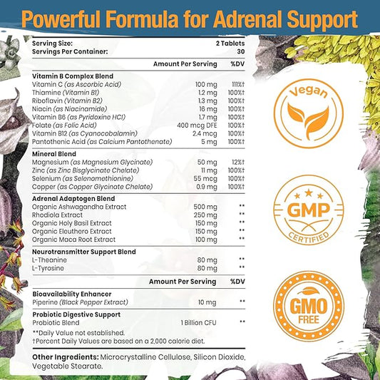 Adrenal Support Adaptogens Herbs Supplements - Cortisol Supplement with Rhodiola Rosea, Ashwagandha, Holy Basil and Eleuthero-Mood and Energy Support for Women & Men-Non-GMO, 120 Vegan Tablets