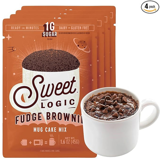 Sweet Logic Keto Mug Cake Mix - Fudge Brownie - Just Add Water - Vegan - Low Sugar - Gluten-Free - High Protein - Low Carb - Dairy Free - Diabetic-Friendly Sweets - Natural Ingredients (4 Pack)