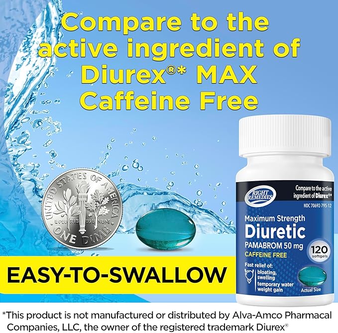 Maximum Strength Caffeine-Free Diuretic Softgels, (120 50mg, Helps