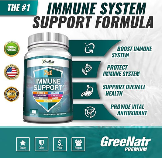 7 in 1 Immune Support Supplement D3, Zinc 50mg, Quercetin, 60 Capsules (6 Bottles)