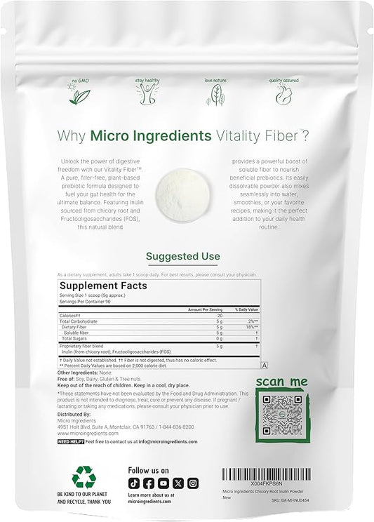 Vitality Fiber Supplement, 1lb Powder | Natural Prebiotic with Inulin & FOS | Daily Soluble Fiber for Digestive & Gut Health | Easy to Dissolve | Unflavored | Non-GMO, Gluten-Free, Vegan