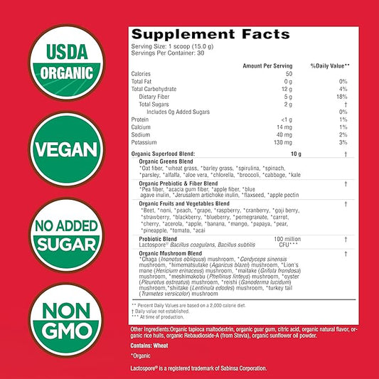 COUNTRY FARMS Super Greens Berry Flavor, 50 Organic Super Foods, USDA Organic Drink Mix (Wheat Grass, Spirulina, Chlorella) Mushrooms & Probiotics, with Fiber, Gut Health, Natural Energy, 30 Servings