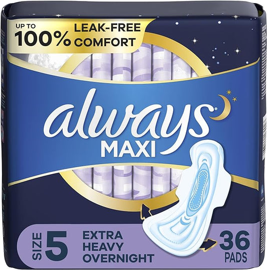 Always Maxi Overnight Pads with Wings, 5, Extra 36 Count
