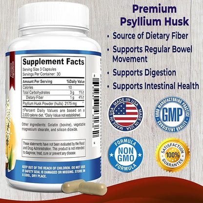 Psyllium Husk Dietary Fiber Supplement 2175mg, 90 Capsules