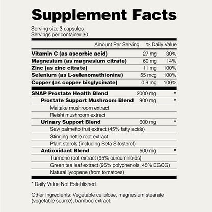 Snap Supplements Prostate Health Support Supplement, Saw Palmetto for Men Plus Stinging Nettle Root, Magnesium Citrate, Zinc and Plant Sterols, Supports Male Urinary Tract Health, 90 Capsules