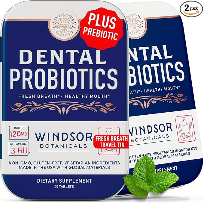 Dental Probiotics for Teeth and Gums - Oral Probiotics for Mouth Bad Breath - 3BN CFU Lactobacillus Salivarius Tablets Paracasei Rhamnosus Streptococcus - 90 Chewable Dental Probiotic in Travel Tins