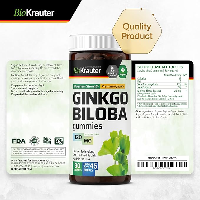 Ginkgo Biloba Extract Gummies 120mg Standardized 90 Vegan