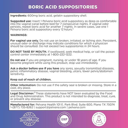 Pelvana Boric Acid Suppositories for Women 30 Count for Vaginal Odor - Third-Party Lab Tested & Made in The USA