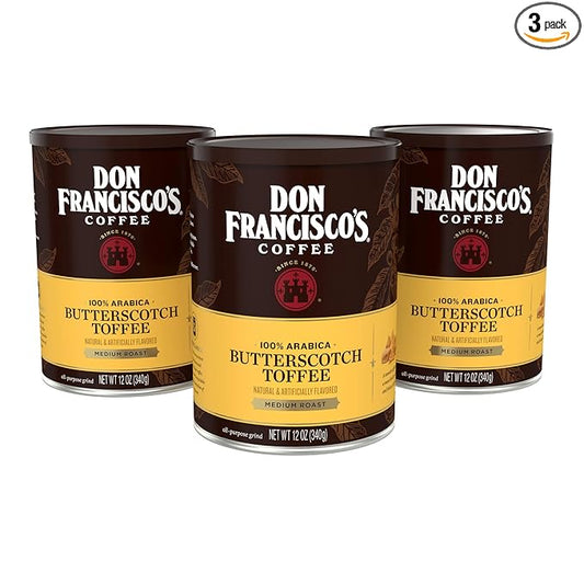 Don Francisco's Butterscotch Toffee Ground Flavored Coffee: Rich 100% Arabica Beans with Sweet Buttery Aroma - Family-Crafted for Delightful Mornings (3 x 12 oz Cans)