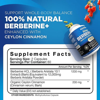 Nutrivein Premium Berberine HCL 1200mg Plus 120 Capsules