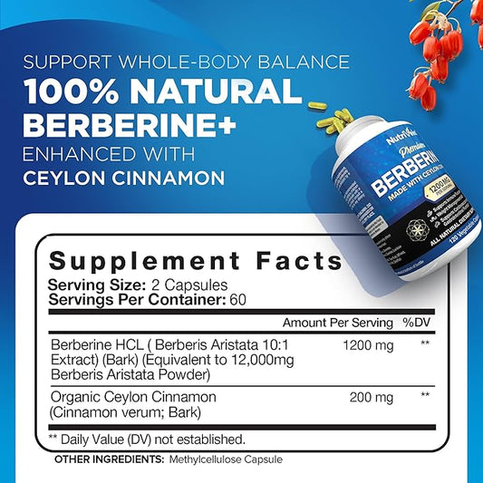 Nutrivein Premium Berberine HCL 1200mg Plus 120 Capsules