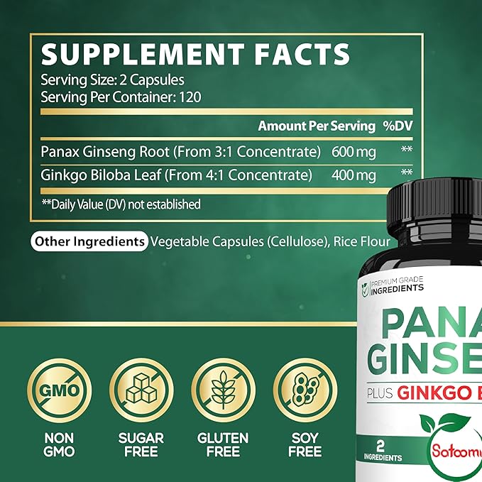 600mg Korean Red Panax Ginseng Capsules 400mg - 240 Vegan 120 Servings