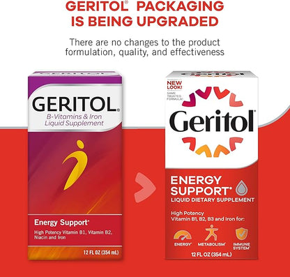 Geritol Liquid Vitamin and Iron Supplement, Energy Support, Contains High Potency B-Vitamins and Iron, Pleasant Tasting, Easy to Swallow, No Artificial Sweeteners, Non-GMO, 12 Oz, 3 Pack
