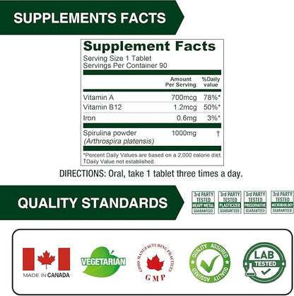 Lovita Organic Spirulina 1000mg per Tablet, 100% Vegan, 90 Vegetarian