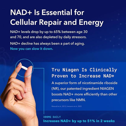 TRU NIAGEN Patented NAD Supplement for Anti Aging and Cell Regeneration, 300 mg Niagen, 90 Servings | Supports Cellular Energy, Brain, Muscle | Nicotinamide Riboside (NR) Take 1 Daily | 2 Bottles