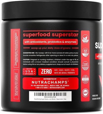 NutraChamps Super Greens Powder Premium Superfood | 20+ Organic Green Veggie Whole Foods | Alfalfa, Spirulina, Chlorella & More | Antioxidant, Digestive Enzyme & Probiotic Blends | Watermelon