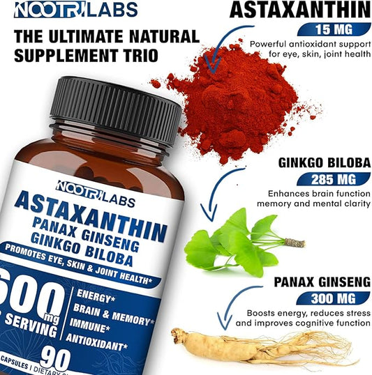 Astaxanthin 15mg + Panax Ginseng, Ginkgo 90 Vegan