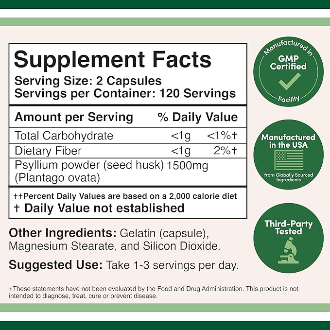 Double Wood Supplements Psyllium Husk Capsules (240 Count, 1,500mg Per